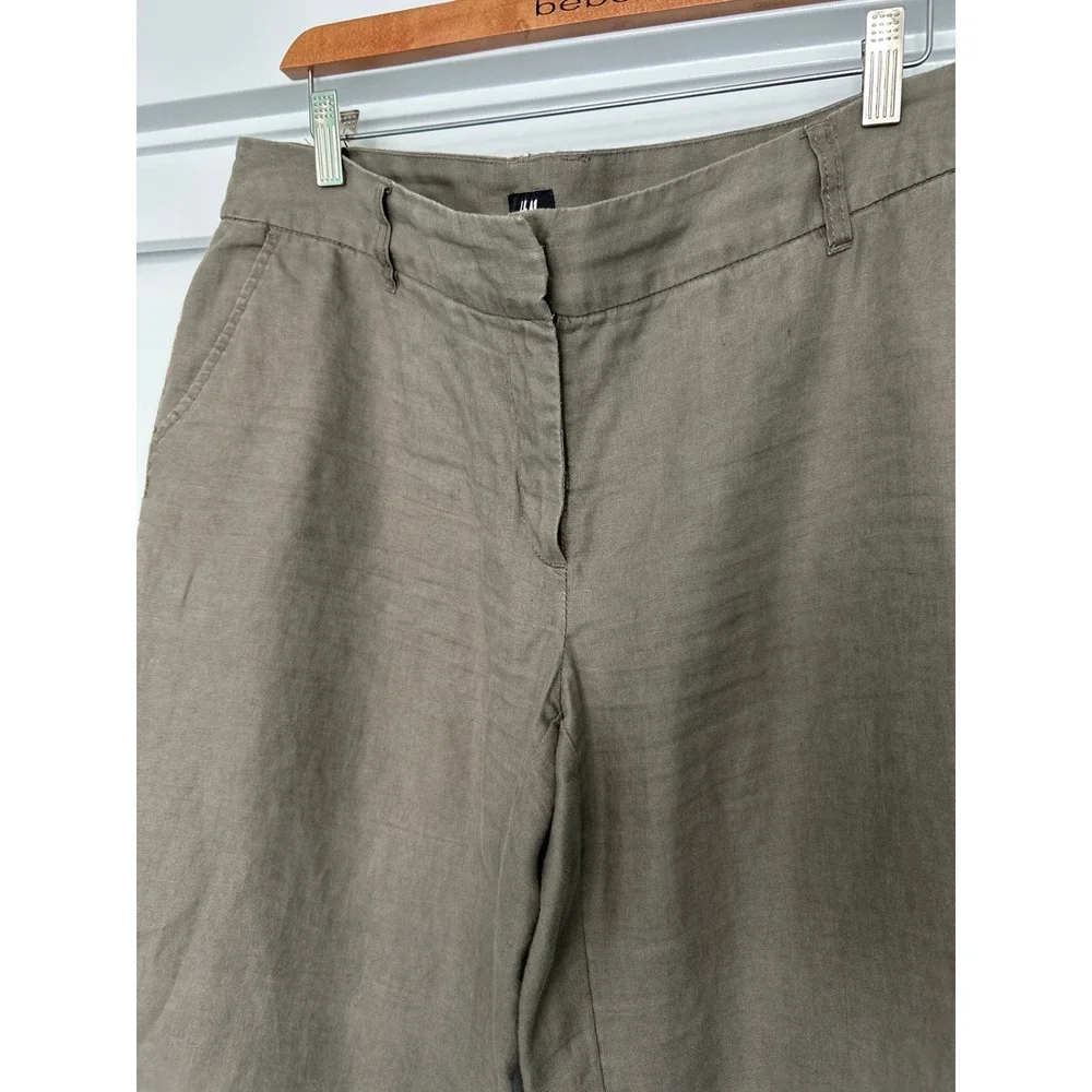 H&M Y2K Womens 100% Linen Wide Leg Trousers Olive Brown Size 12 Mid Rise Pants